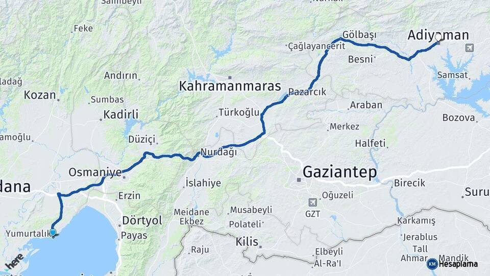 Adana Yumurtalık Adıyaman Arası Kaç Km - Yol Haritası