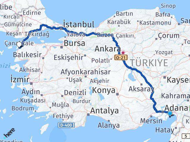 Adana Yumurtalık Çanakkale Arası Kaç Km - Yol Haritası