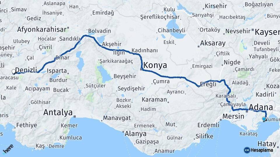 Adana Yumurtalık Denizli Arası Kaç Km - Yol Haritası