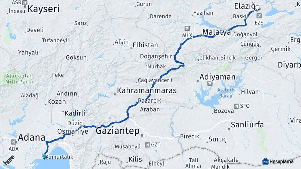 Adana Yumurtalık Elazığ Arası Kaç Km - Yol Haritası