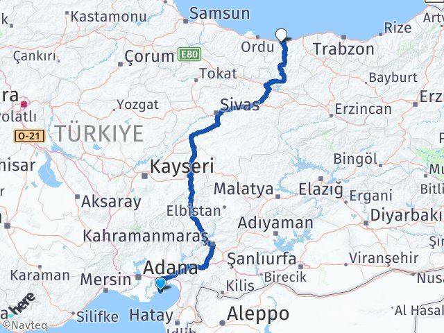 Adana Yumurtalık Giresun Arası Kaç Km - Yol Haritası