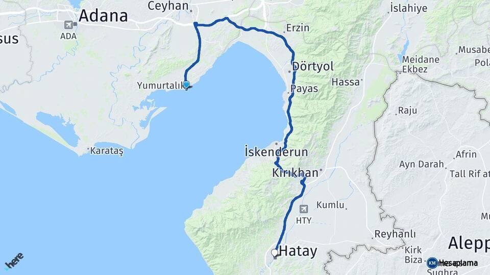 Adana Yumurtalık Hatay Arası Kaç Km - Yol Haritası