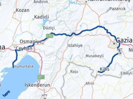 Adana Yumurtalık Kilis Arası Kaç Km - Yol Haritası