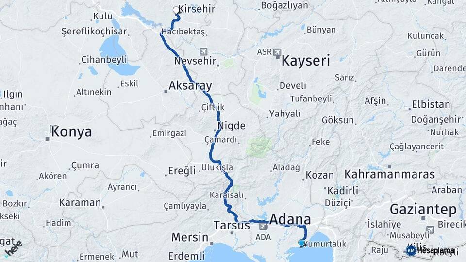 Adana Yumurtalık Kırşehir Arası Kaç Km - Yol Haritası