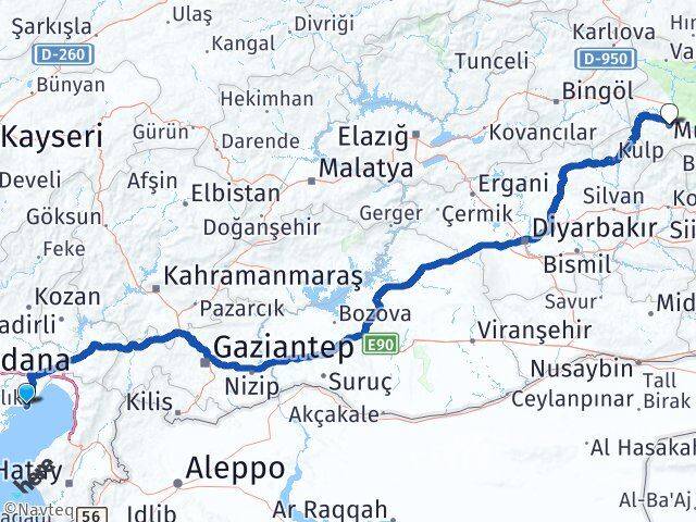 Adana Yumurtalık Muş Arası Kaç Km - Yol Haritası