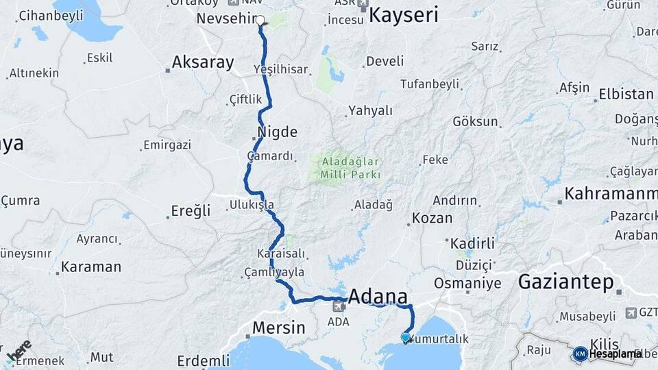 Adana Yumurtalık Nevşehir Arası Kaç Km - Yol Haritası