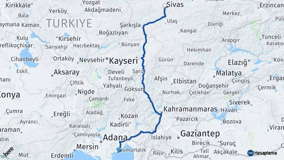Adana Yumurtalık Sivas Arası Kaç Km - Yol Haritası