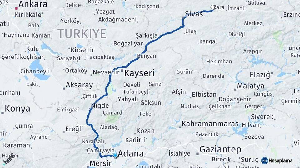 Adana Zara Sivas Arası Kaç Km - Yol Haritası