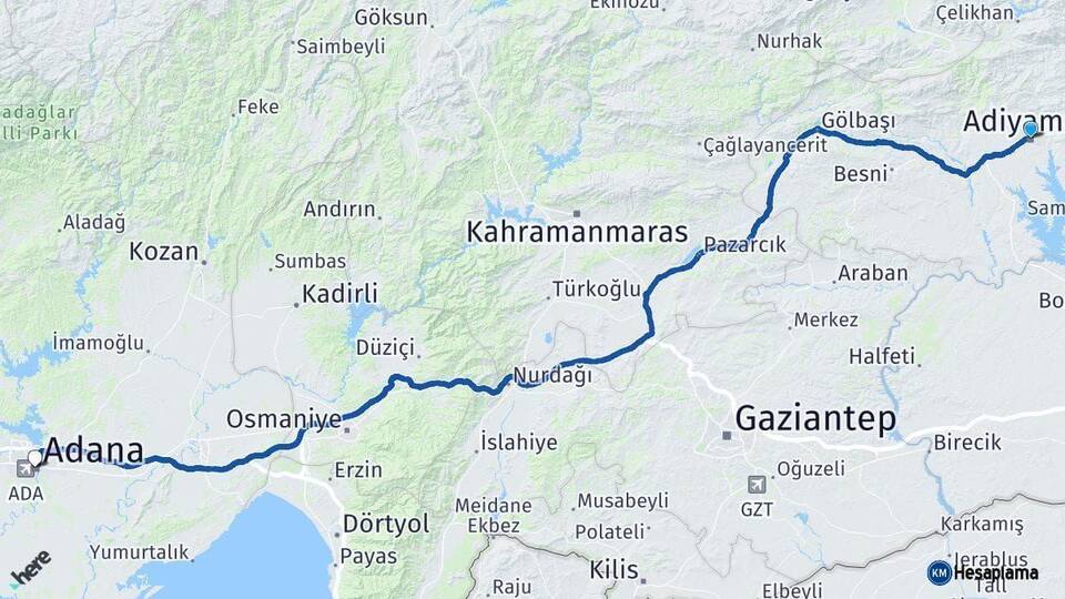 Adıyaman Adana Arası Kaç Km - Yol Haritası