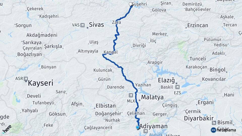 Adıyaman Adıyaman Havalimanı Arası Kaç Km - Yol Haritası
