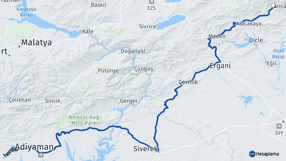 Adıyaman Arıcak Elazığ Arası Kaç Km - Yol Haritası