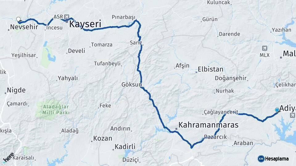 Adıyaman Avanos Nevşehir Arası Kaç Km - Yol Haritası