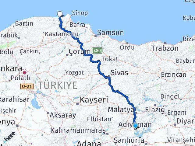 Adıyaman Ayancık Sinop Arası Kaç Km - Yol Haritası
