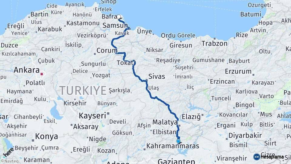Adıyaman Bafra Samsun Arası Kaç Km - Yol Haritası