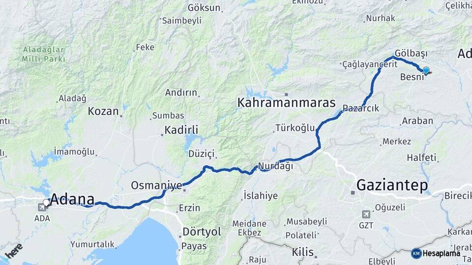 Adıyaman Besni Adana Arası Kaç Km - Yol Haritası