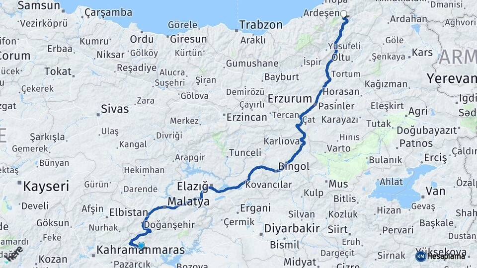 Adıyaman Besni Artvin Arası Kaç Km - Yol Haritası