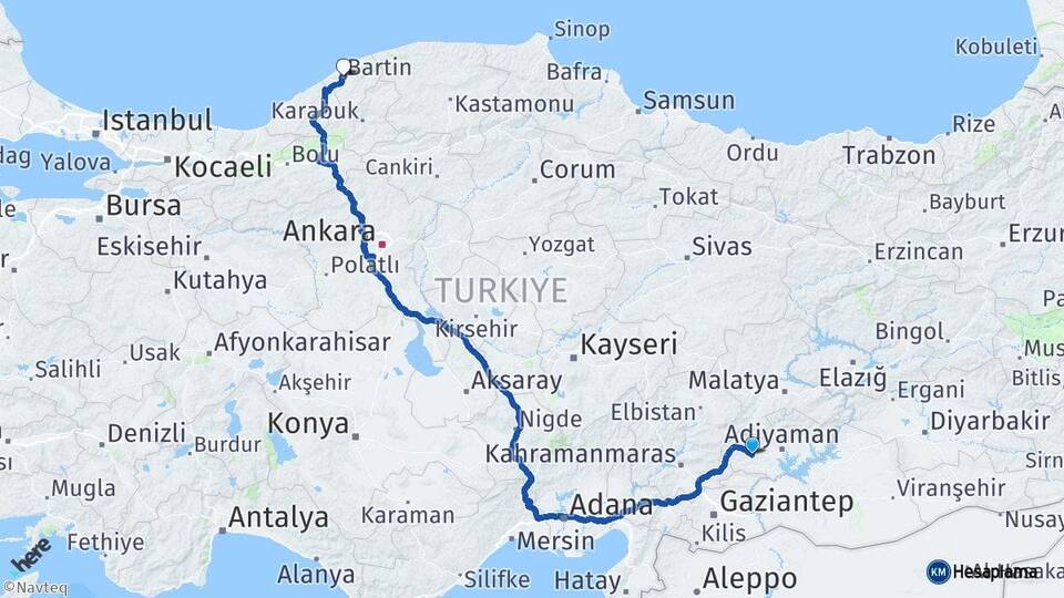 Adıyaman Besni Bartın Arası Kaç Km - Yol Haritası