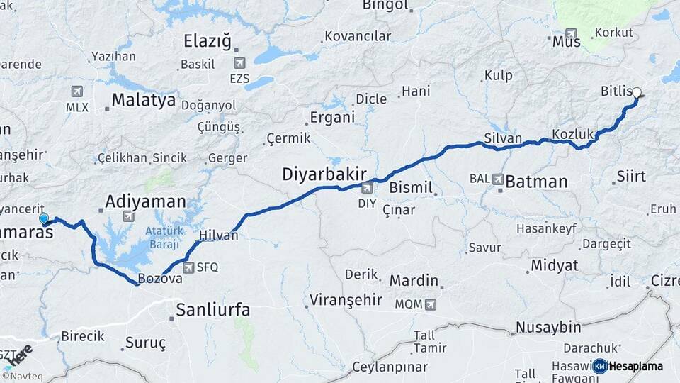 Adıyaman Besni Bitlis Arası Kaç Km - Yol Haritası