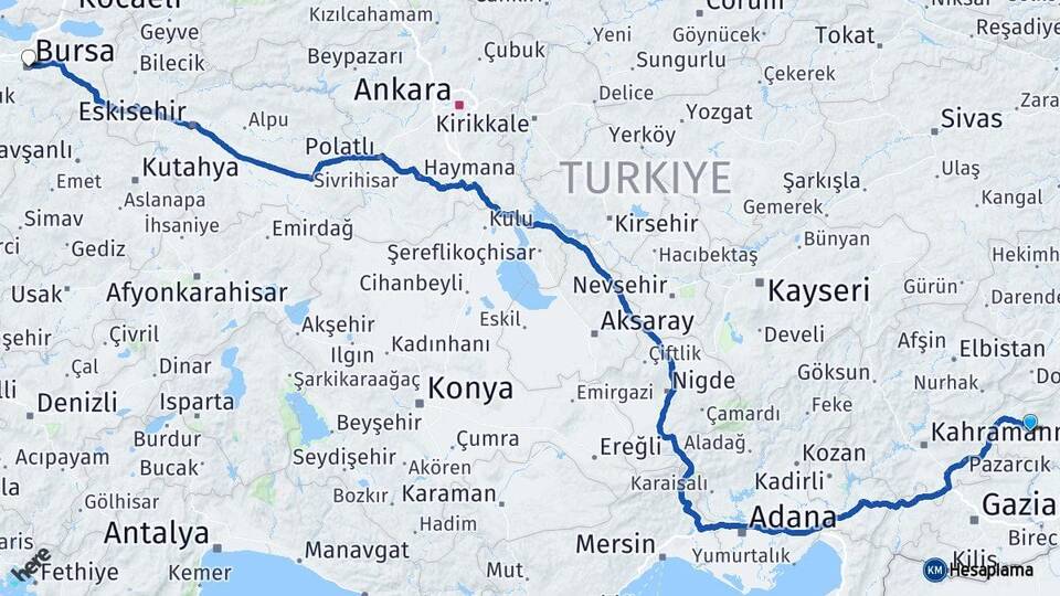 Adıyaman Besni Bursa Arası Kaç Km - Yol Haritası