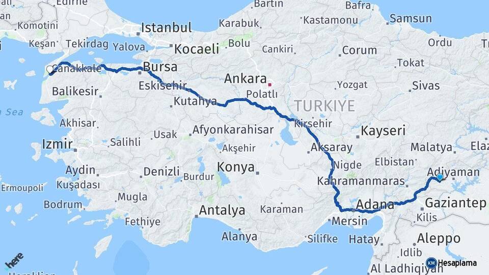 Adıyaman Besni Çanakkale Arası Kaç Km - Yol Haritası
