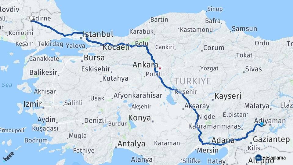 Adıyaman Besni Edirne Arası Kaç Km - Yol Haritası