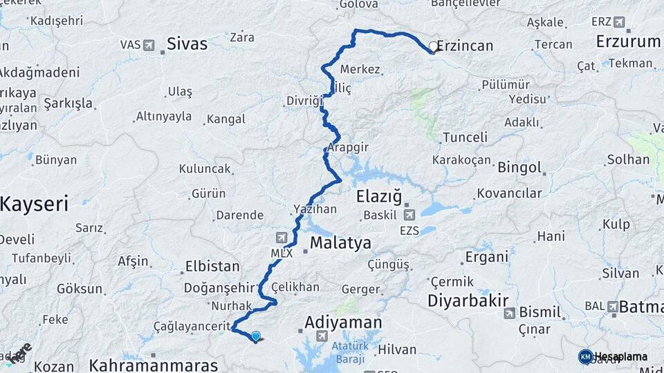 Adıyaman Besni Erzincan Arası Kaç Km - Yol Haritası