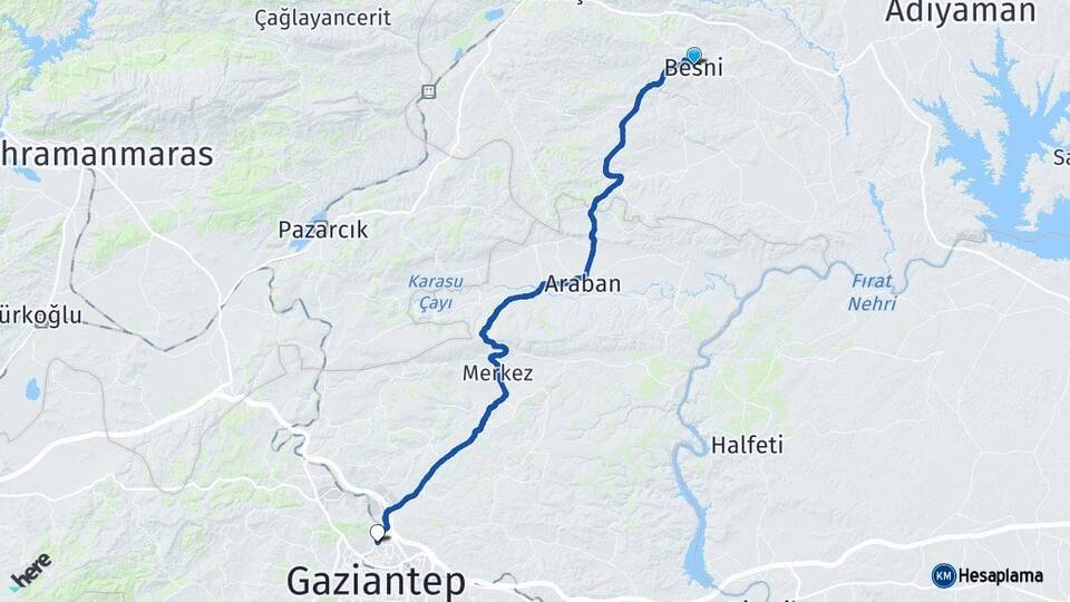 Adıyaman Besni Gaziantep Arası Kaç Km - Yol Haritası