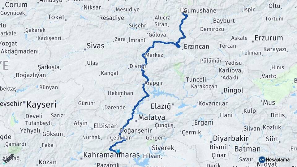 Adıyaman Besni Gümüşhane Arası Kaç Km - Yol Haritası