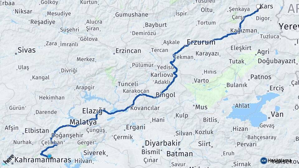 Adıyaman Besni Kars Arası Kaç Km - Yol Haritası