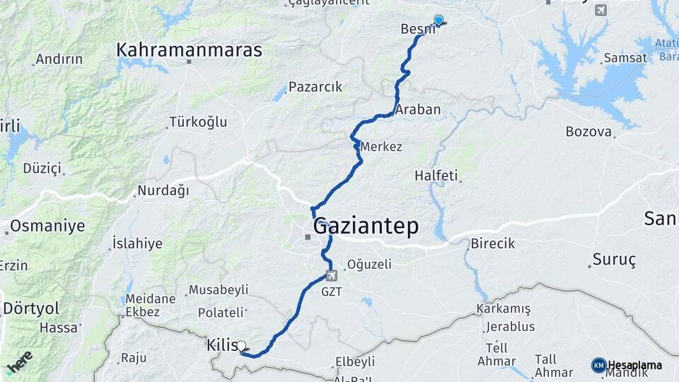 Adıyaman Besni Kilis Arası Kaç Km - Yol Haritası