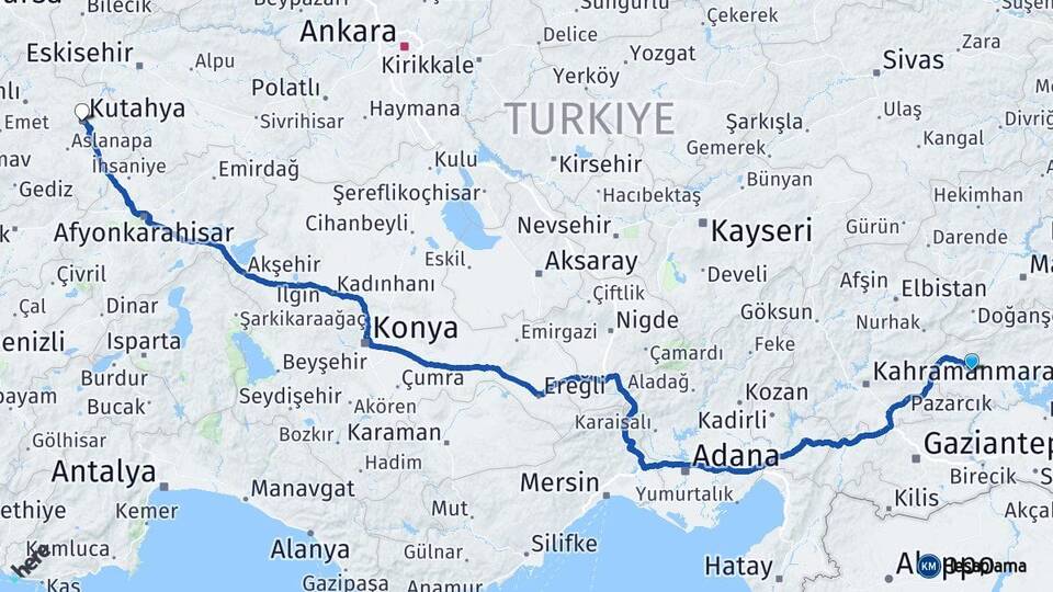 Adıyaman Besni Kütahya Arası Kaç Km - Yol Haritası