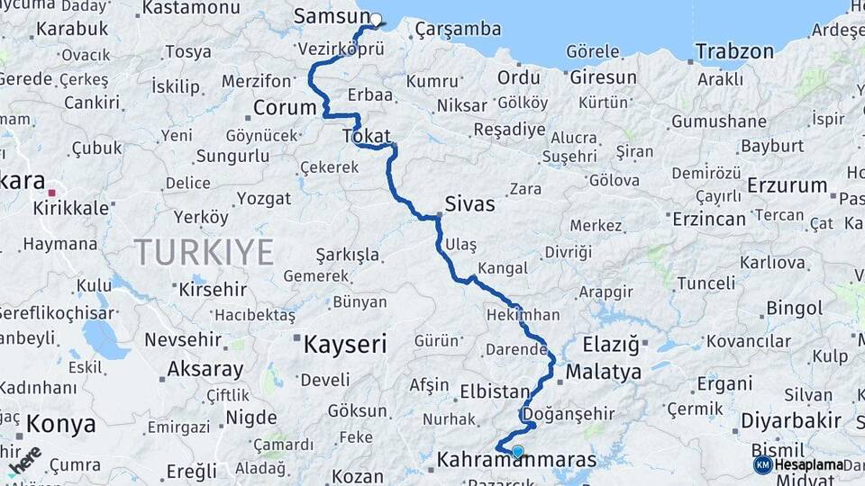 Adıyaman Besni Samsun Arası Kaç Km - Yol Haritası