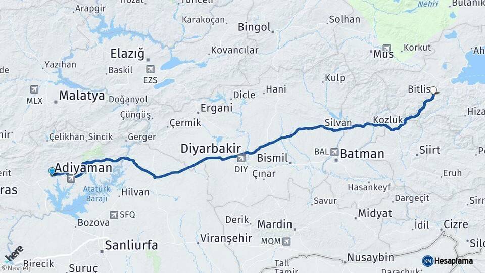 Adıyaman Bitlis Arası Kaç Km - Yol Haritası