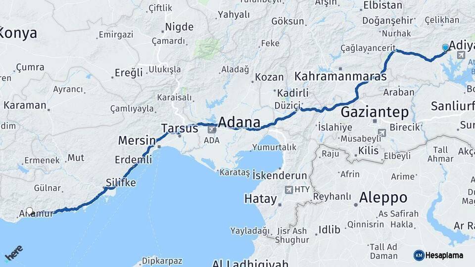Adıyaman Bozyazı Mersin Arası Kaç Km - Yol Haritası