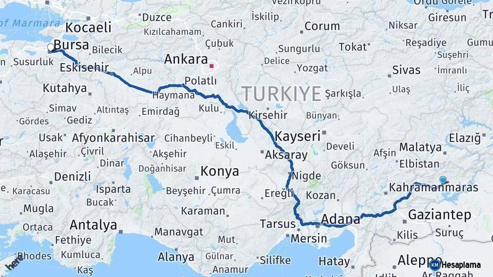 Adıyaman Bursa Arası Kaç Km - Yol Haritası