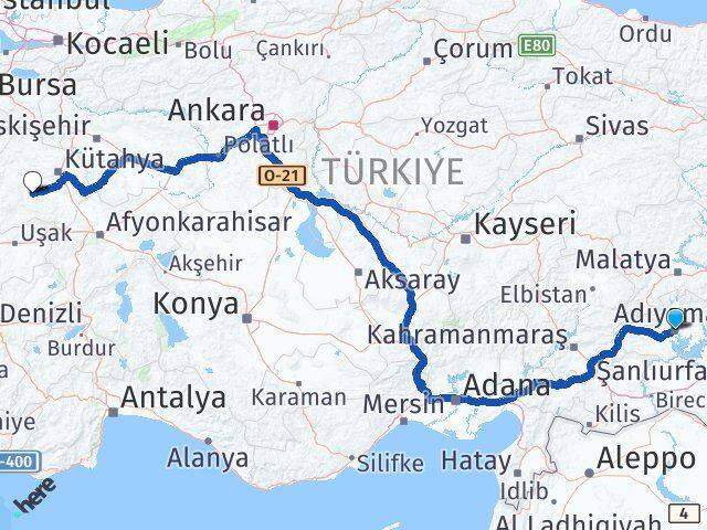 Adıyaman Çavdarhisar Kütahya Arası Kaç Km - Yol Haritası