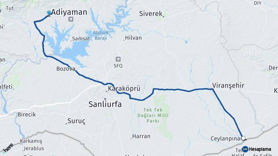 Adıyaman Ceylanpınar Şanlıurfa Arası Kaç Km - Yol Haritası
