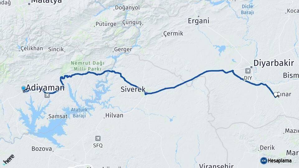 Adıyaman Çınar Diyarbakır Arası Kaç Km - Yol Haritası