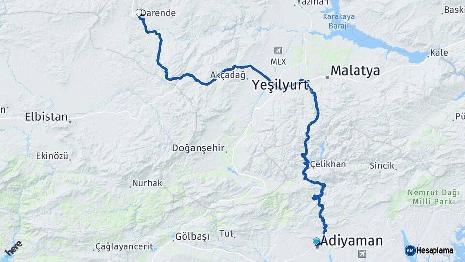Adıyaman Darende Malatya Arası Kaç Km - Yol Haritası