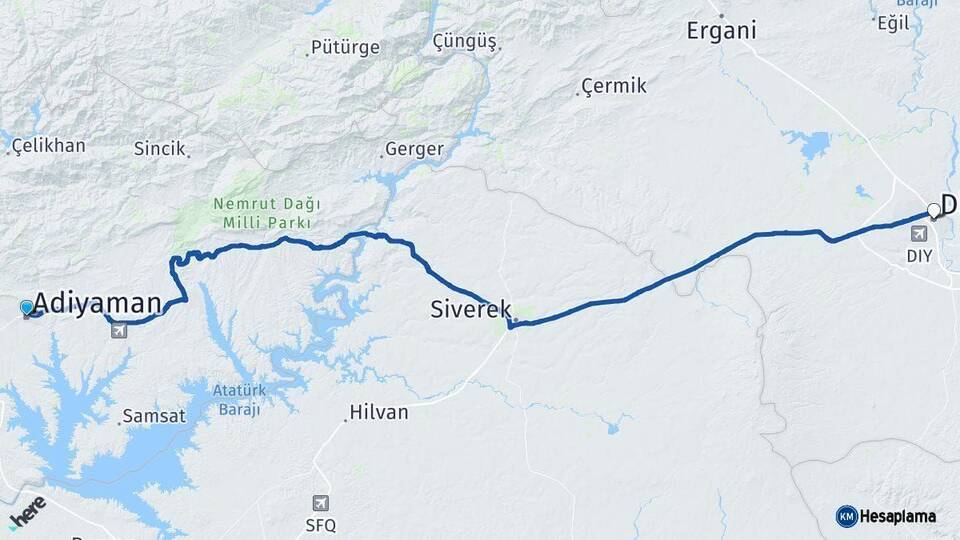 Adıyaman Diyarbakır Arası Kaç Km - Yol Haritası
