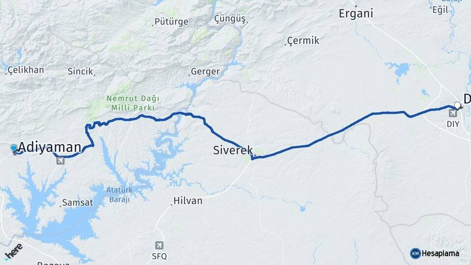 Adıyaman Diyarbakır Havalimanı Arası Kaç Km - Yol Haritası