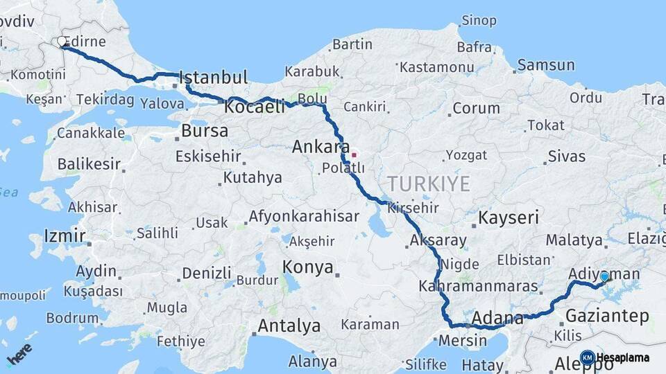 Adıyaman Edirne Arası Kaç Km - Yol Haritası