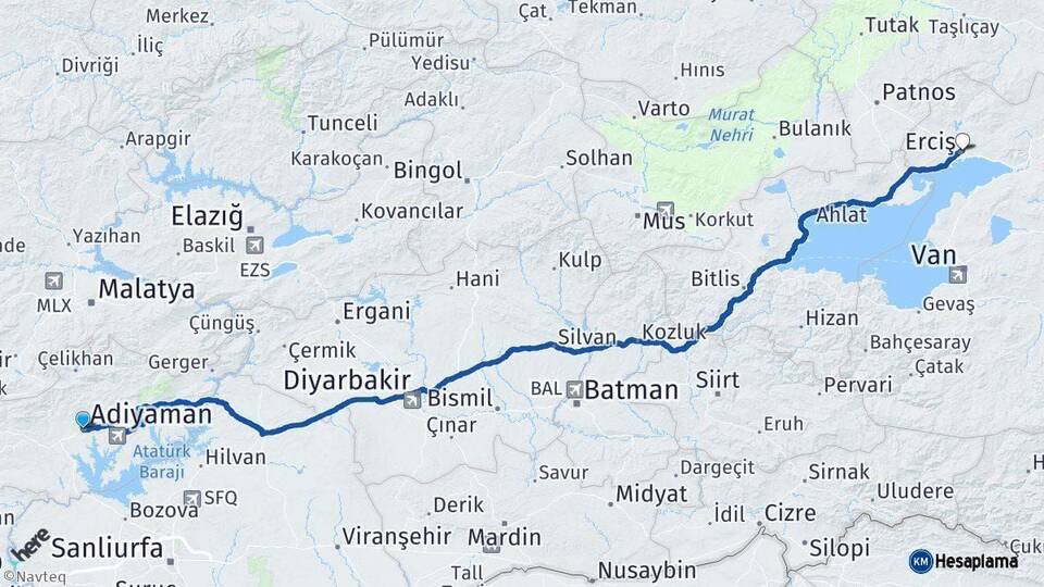 Adıyaman Erciş Van Arası Kaç Km - Yol Haritası
