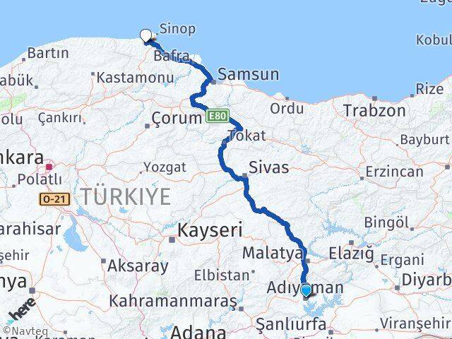 Adıyaman Erfelek Sinop Arası Kaç Km - Yol Haritası