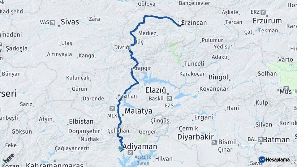 Adıyaman Erzincan Arası Kaç Km - Yol Haritası
