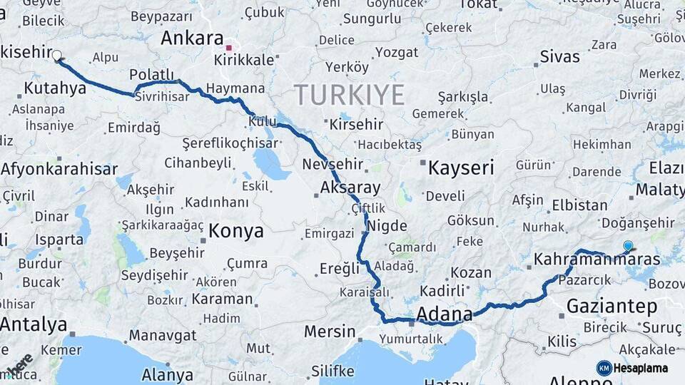 Adıyaman Eskişehir Arası Kaç Km - Yol Haritası
