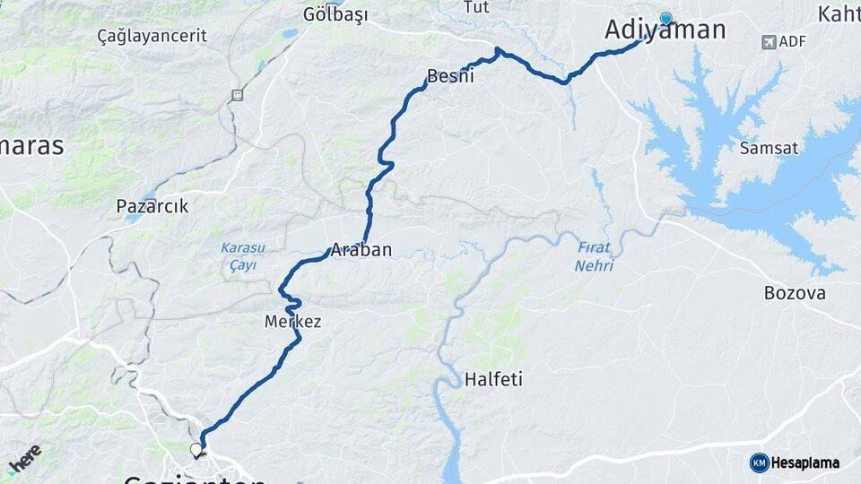 Adıyaman Gaziantep Arası Kaç Km - Yol Haritası