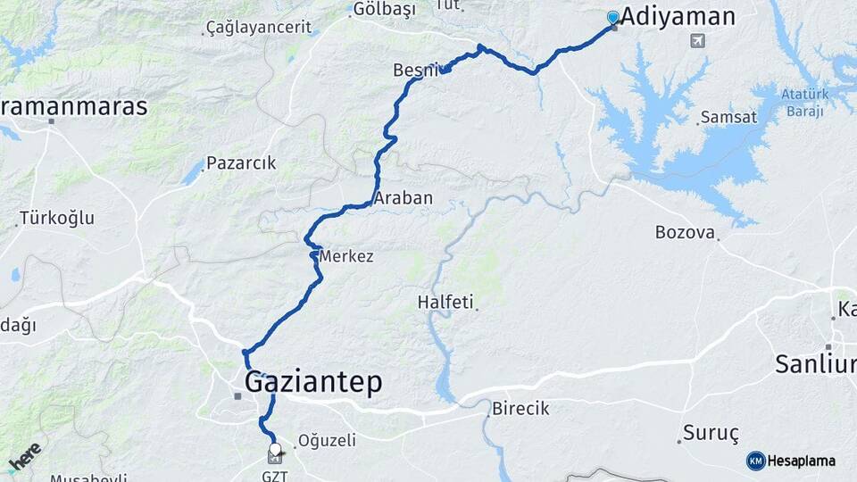 Adıyaman Gaziantep Havalimanı Arası Kaç Km - Yol Haritası