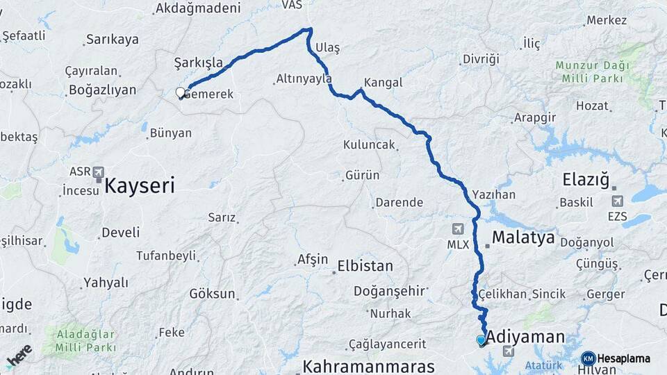 Adıyaman Gemerek Sivas Arası Kaç Km - Yol Haritası
