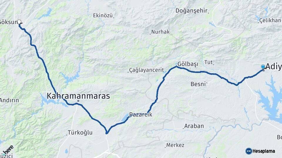 Adıyaman Göksun Kahramanmaraş Arası Kaç Km - Yol Haritası